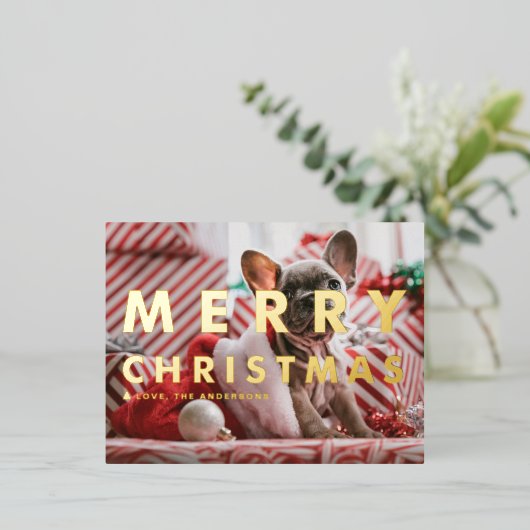 はっきりしたモダンタイポグラフィ写真メリークリスマス 箔シーズンポストカード (立ち正面)