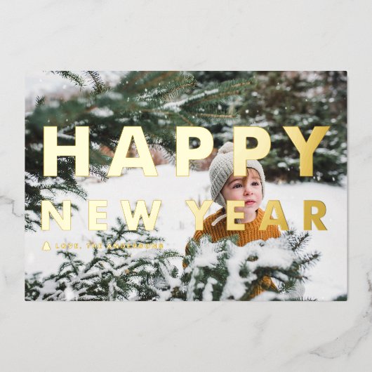 はっきりしたモダンタイポグラフィ写真新年 箔シーズンカード (正面)