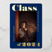 はっきりしたモダンタイポグラフィ2024卒業パーティーブルー 箔招待状 (正面)