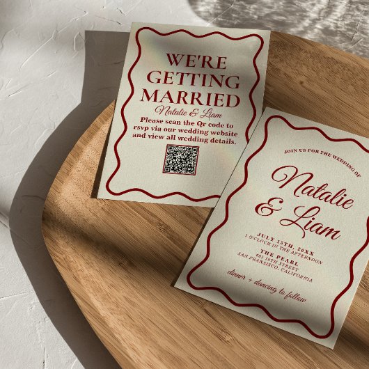 はっきりしたモダンファンキーユニークアイボリーおもしろい結婚レトロ 招待状