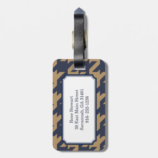 はっきりしたモダンモノグラム千鳥格子の付きネービーブラウン ラゲッジタグ (裏面縦)