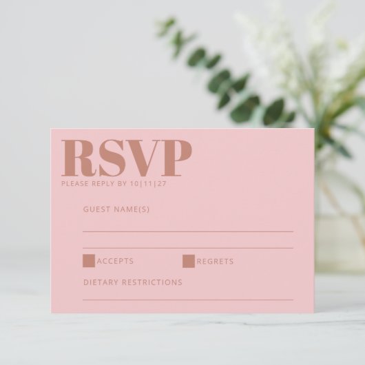 はっきりしたモダンレタリングテラコッタピンク結婚ス 出欠カード (スタンド正面)
