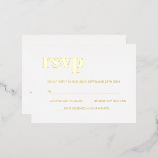 はっきりしたモダンレトロレタリング白実在金ゴールドRSVP 箔招待状ポストカード (正面/裏面)