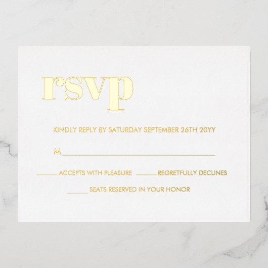 はっきりしたモダンレトロレタリング白実在金ゴールドRSVP 箔招待状ポストカード (正面)