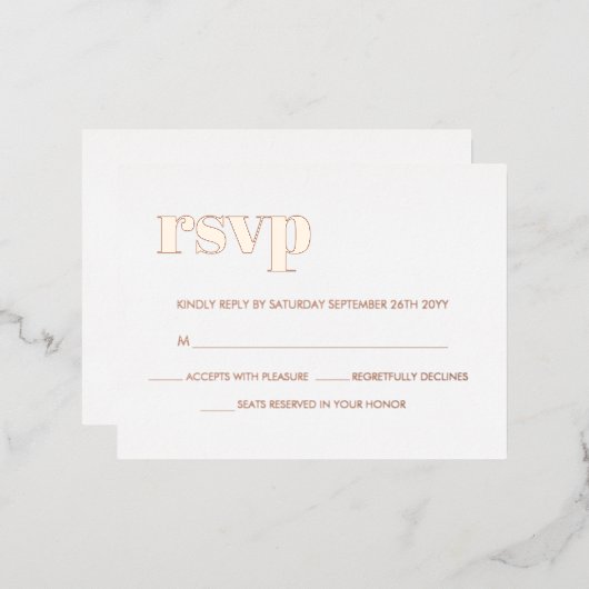 はっきりしたモダンレトロ実在レタリングバラ金ゴールドRSVP 箔招待状ポストカード (正面/裏面)
