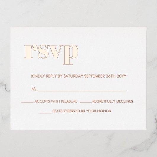 はっきりしたモダンレトロ実在レタリングバラ金ゴールドRSVP 箔招待状ポストカード (正面)