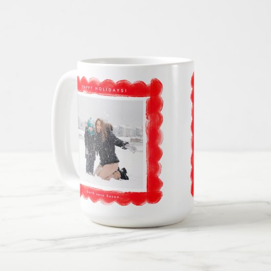 はっきりしたモダンレトロ赤枠2枚のクリスマス コーヒーマグカップ (正面左)