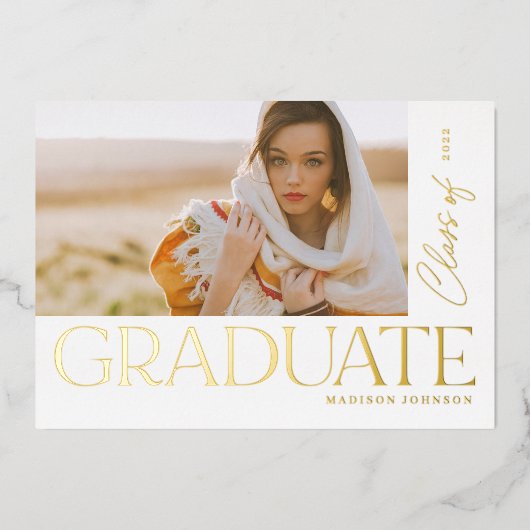 はっきりしたモダン卒業写真パーティー 箔招待状 (正面)