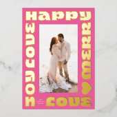 はっきりしたモダン明 | クリスマスピンクの金ゴールド写真 箔シーズンカード (正面)