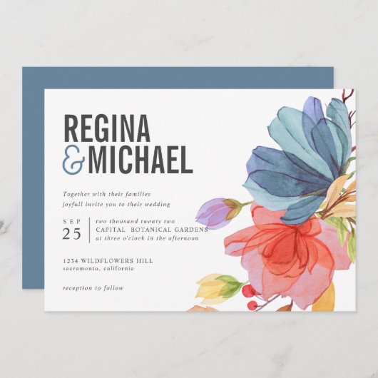 はっきりしたモダン水彩野結婚花 招待状 (正面/裏面)