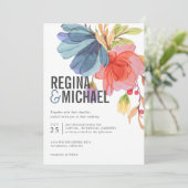 はっきりしたモダン水彩青い野結婚花 招待状 (スタンド正面)