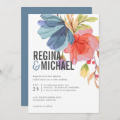 はっきりしたモダン水彩青い野結婚花 招待状 (正面/裏面)