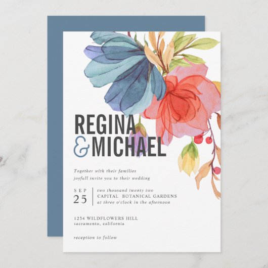 はっきりしたモダン水彩青い野結婚花 招待状 (正面/裏面)