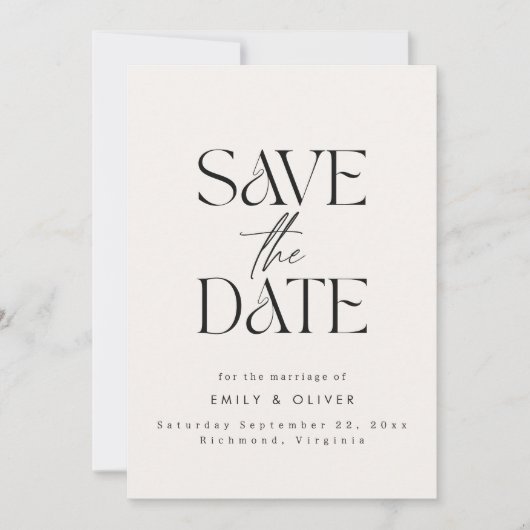はっきりしたモダン結婚タイポグラフィのクリームブラックエレガント セーブザデート (正面)
