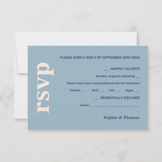 はっきりしたモダン結婚タイポグラフィほこりっぽい青い海軍 出欠カード (正面)