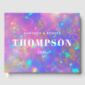 はっきりしたモダン金ゴールドオパールモノグラム結婚ピンク ゲストブック (正面)