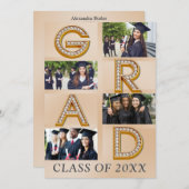 はっきりしたモダン金ゴールド写真コラージュ卒業クラス 案内状 (正面/裏面)