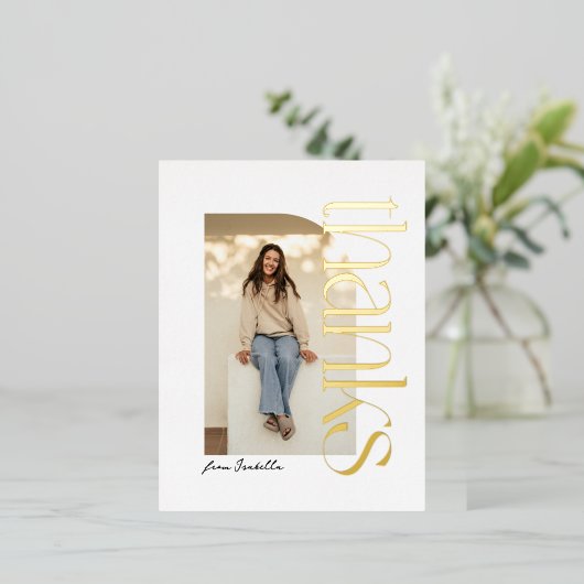 はっきりしたモダン金ゴールド卒業感謝してい1枚 箔招待状ポストカード (立ち正面)