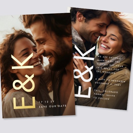 はっきりしたモダン金ゴールド2 Photo Monogram日付の保存 箔招待状