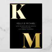 はっきりしたモノグラム黒イニシャルモダン写真結婚 箔招待状 (正面)