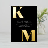 はっきりしたモノグラム黒イニシャルモダン写真結婚 箔招待状 (立ち正面)
