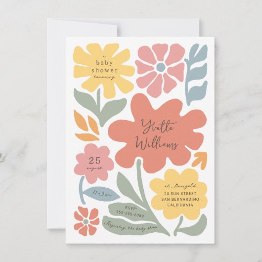 はっきりしたユニークモダン花図解入りの、写真付きの赤ちゃん 招待状 (正面)