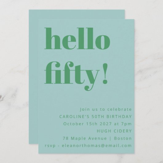 はっきりしたライトブルーシンプル可愛い50モダン誕生日 招待状 (正面/裏面)