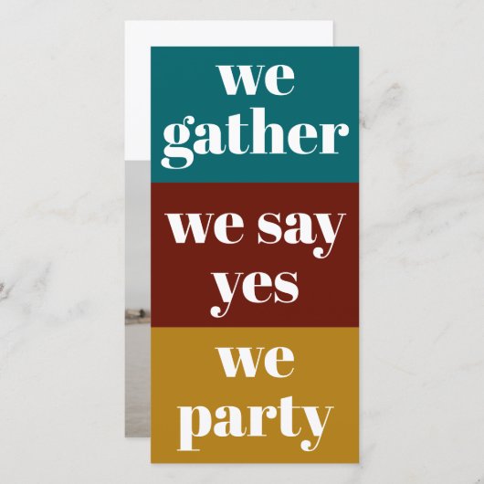 はっきりしたレトロカラータイポグラフィ結婚写真 セーブザデート (正面/裏面)