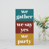 はっきりしたレトロカラータイポグラフィ結婚写真 セーブザデート (スタンド正面)