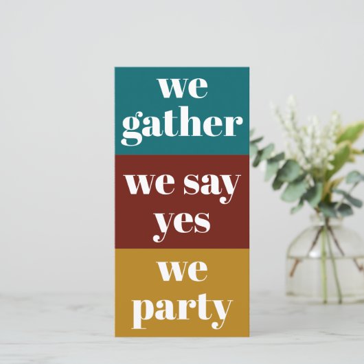 はっきりしたレトロカラータイポグラフィ結婚写真 セーブザデート (スタンド正面)