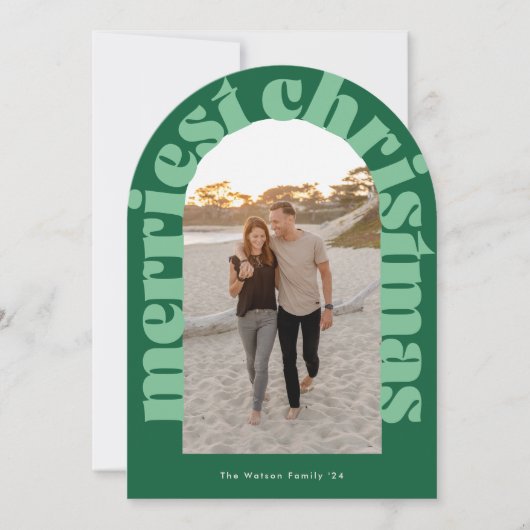 はっきりしたレトログリーンフォトアメリーーチホリデーカード 招待状 (正面)