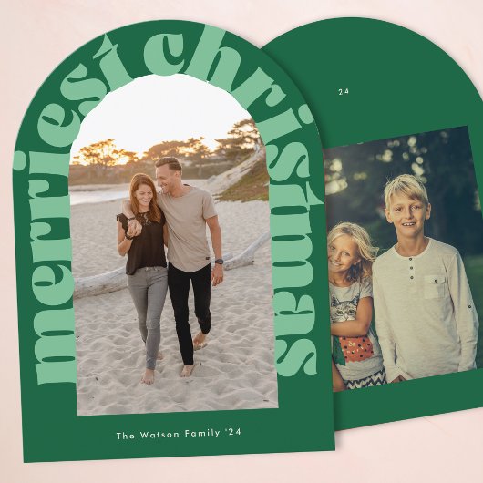 はっきりしたレトログリーンフォトアメリーーチホリデーカード 招待状