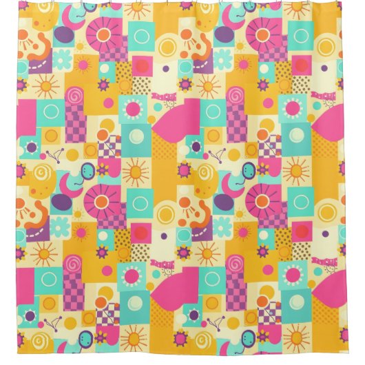 はっきりしたレトロシャワーカーテン – 90sカラフルチャーム シャワーカーテン (正面)