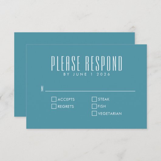 はっきりしたレトロタイポグラフィシックカラフルティール（緑がかった色）結婚ズ 出欠カード (正面/裏面)