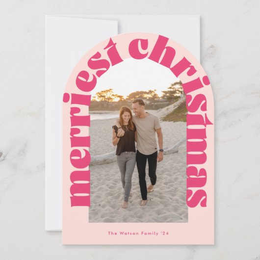 はっきりしたレトロピンクフォトメリーアーチホリデーカード 招待状 (正面)