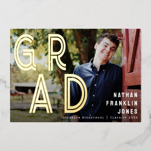 はっきりしたレトロ卒業写真フォイル発表 箔招待状 (正面)