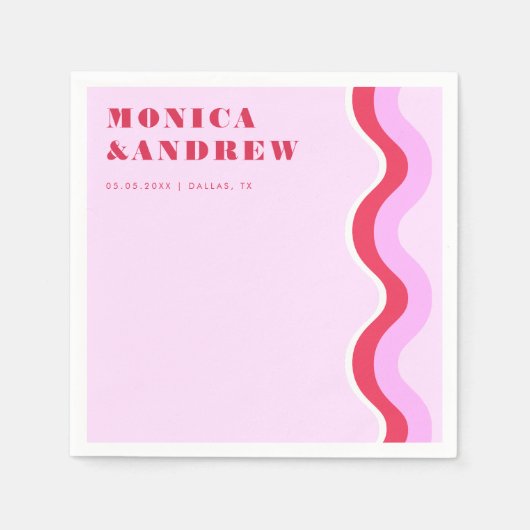 はっきりしたレトロ波の審美的ピンクと赤結婚の スタンダードカクテルナプキン (正面)