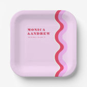 はっきりしたレトロ波の審美的ピンクと赤結婚の ペーパープレート (正面)