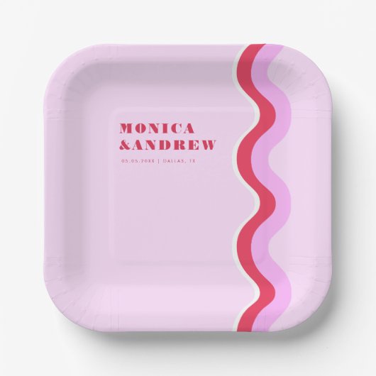 はっきりしたレトロ波の審美的ピンクと赤結婚の ペーパープレート (正面)