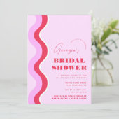 はっきりしたレトロ波ストライプブライダルシャワーピンクと赤 招待状 (スタンド正面)