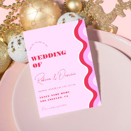 はっきりしたレトロ波ピンクと赤の全結婚体 招待状