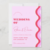 はっきりしたレトロ波ピンクと赤の全結婚体 招待状 (正面)