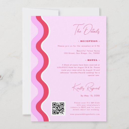 はっきりしたレトロ波ピンクと赤の全結婚体 招待状 (裏面)