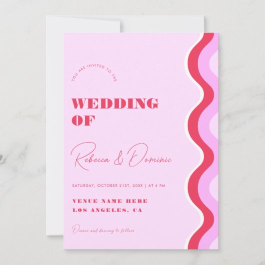 はっきりしたレトロ波形ピンクと赤写真QRコード結婚s 招待状 (正面)
