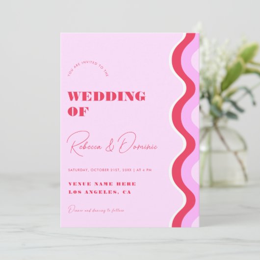 はっきりしたレトロ波形ピンクと赤写真QRコード結婚s 招待状 (スタンド正面)