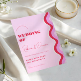 はっきりしたレトロ波形ピンクと赤写真QRコード結婚s 招待状