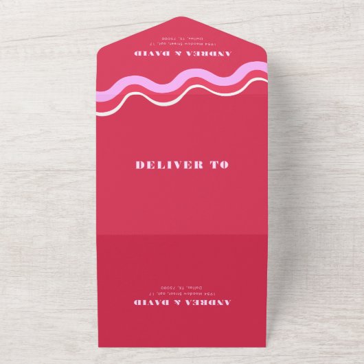 はっきりしたレトロ波形ピンク&レッドQRコードRSVP結婚's オールインワン招待状 (外側)