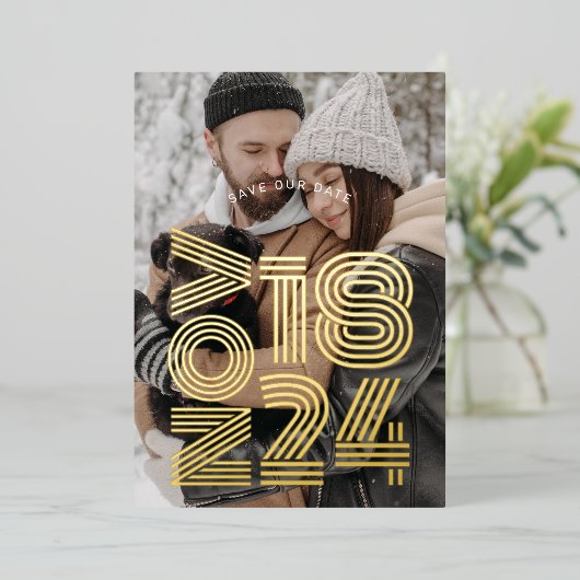 はっきりしたレトロ結婚式の日付写真を保存 箔招待状 (立ち正面)