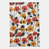 はっきりしたレトロ花柄レッド、オレンジ、ブラック キッチンタオル (縦)