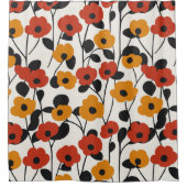 はっきりしたレトロ花柄レッド、オレンジ、ブラック シャワーカーテン (正面)